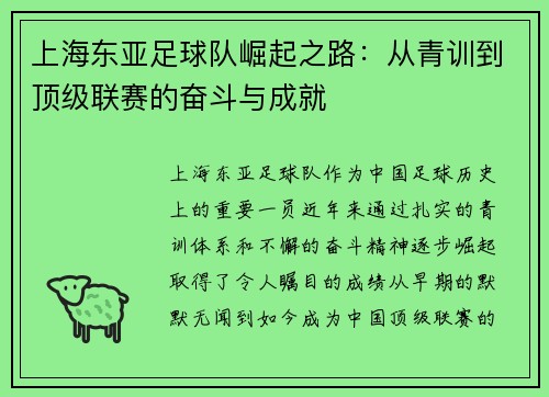 上海东亚足球队崛起之路：从青训到顶级联赛的奋斗与成就
