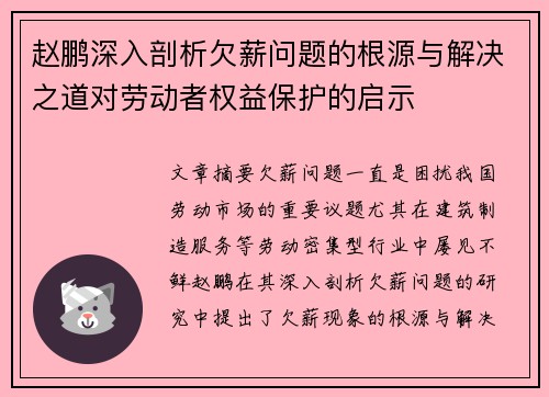 赵鹏深入剖析欠薪问题的根源与解决之道对劳动者权益保护的启示